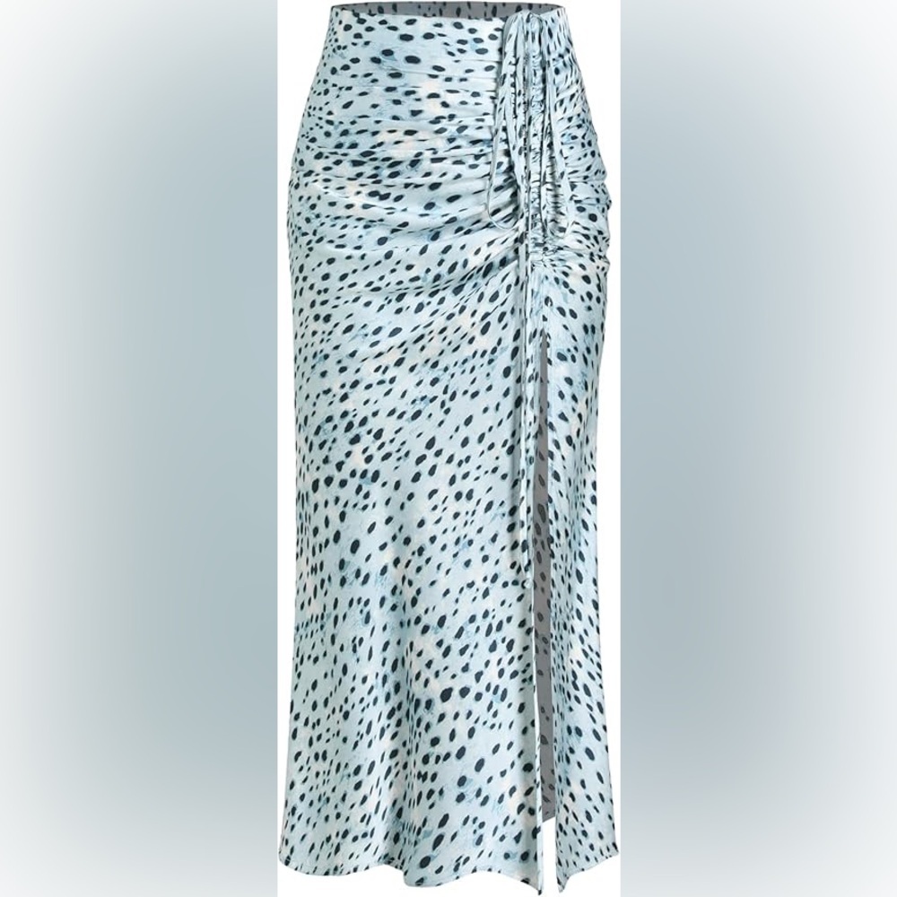 CIDER Blue Spot Leopard Print Drawstring Split Maxi Skirt Large